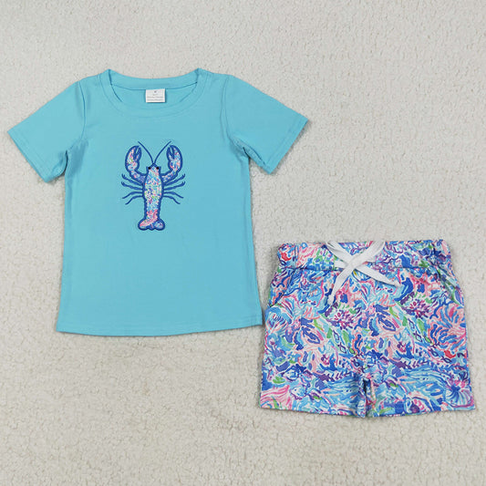 Embroidery Baby Boys Clothes Blue Crayfish Top Pockets Shorts Sets BSSO1479 7.19
