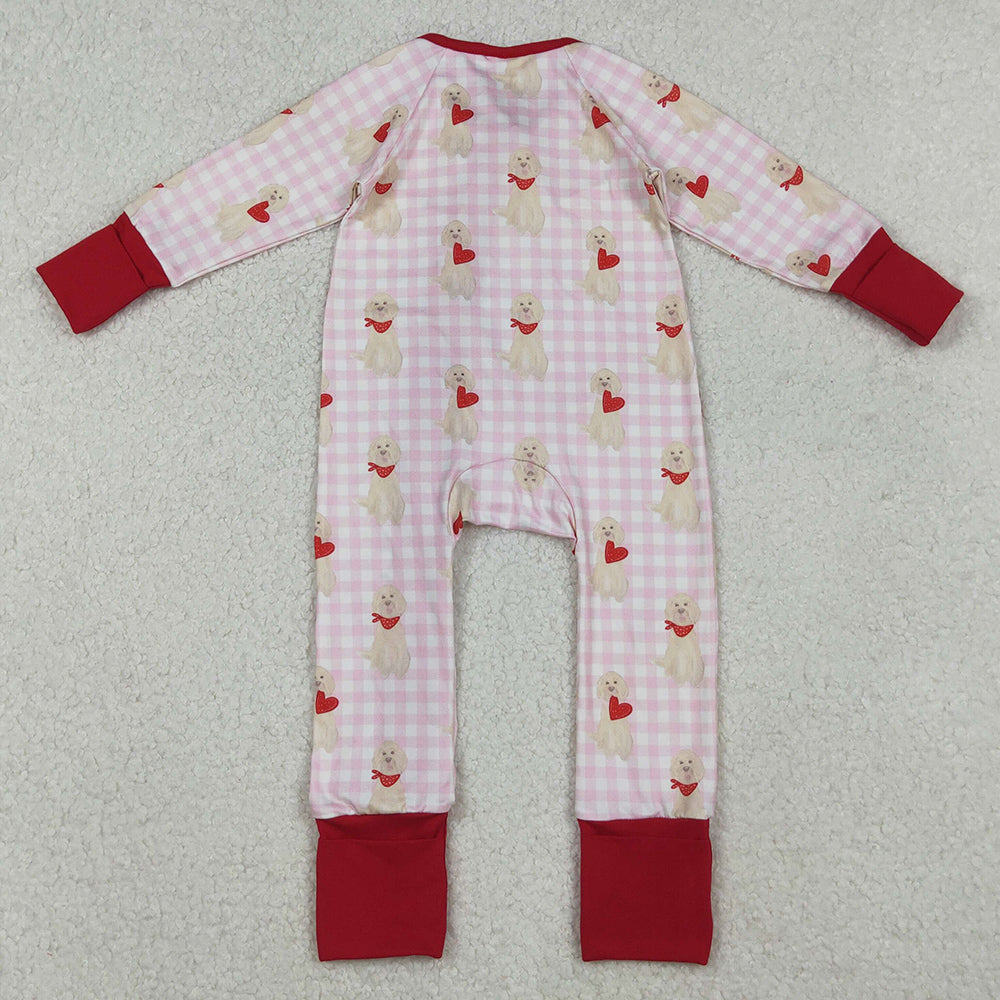 Baby Girls Rompers Pink Checked Dogs Hearts Valentine Ruffle Zipper Footie Romper LR2681 10.13