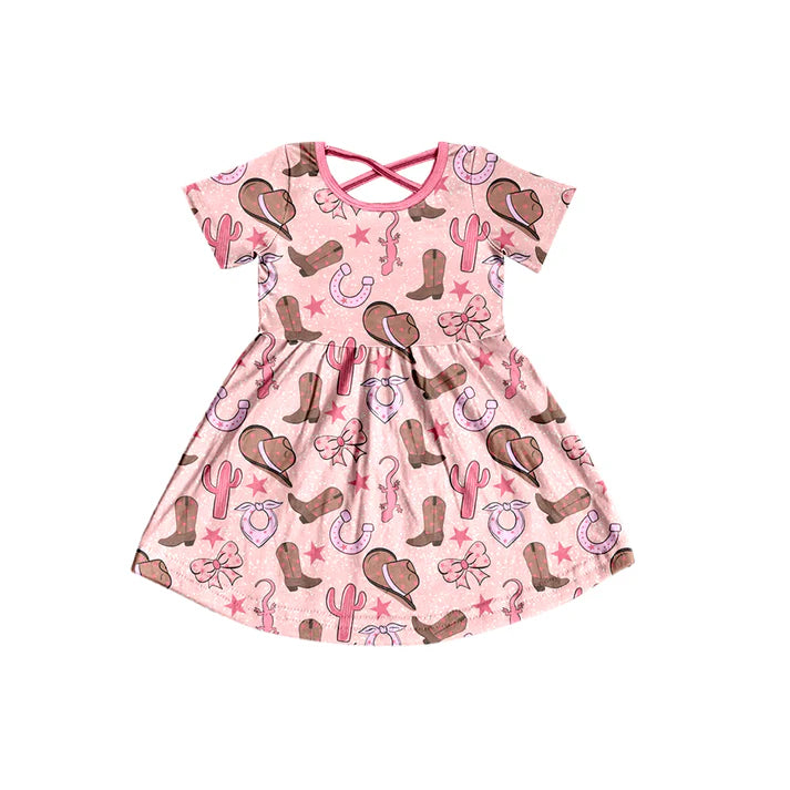 Preorder (moq 8)Baby Kids Short Sleeve Hats Boots Cactus Western Knee Length Dresses 9.19