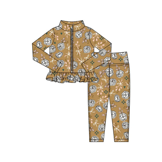 Preorder(moq 5) Baby Girls Flowers Bows Zipper Jacket Leggings Clothes Sets 10.31
