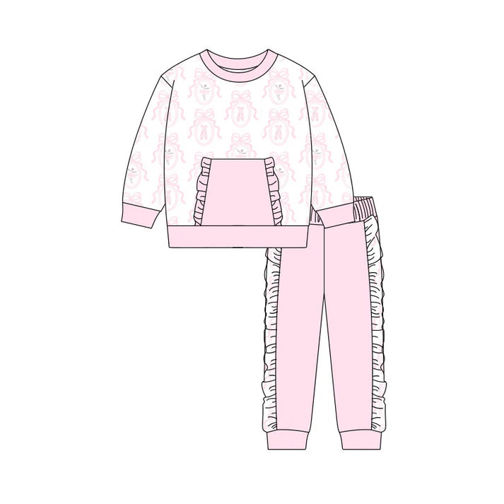 Preorder(moq 5) Baby Girls Pink Bows Dancers Pocket Top Ruffle Pants Clothes Sets 10.31
