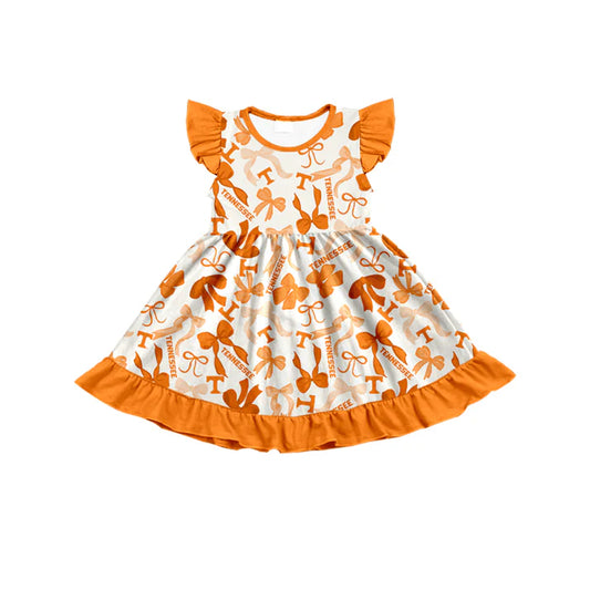 Preorder (moq 5) flutter sleeves yellow T bows girls team dress 8.26