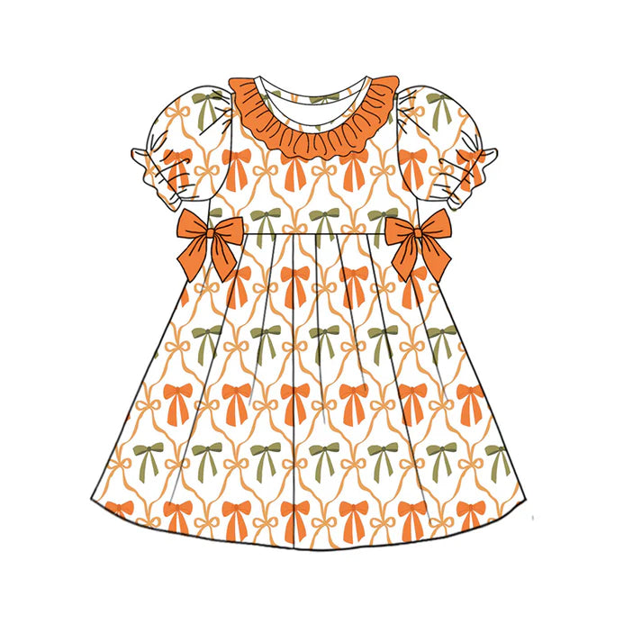 Preorder (moq 5)Baby Girls Orange Short Ruffle Sleeves Colorful Bows Plaid Knee Length Dresses 4.24