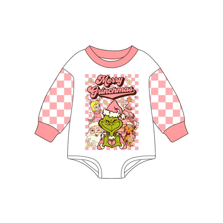 Preorder(moq 5)Baby Girls Peach Plaid Long Sleeves Merry Christmas Santa Rompers 7.18
