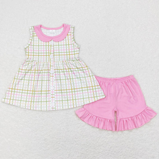 Baby Girls Clothes Easter Green Pink Checkered Tunic Ruffle Shorts Sets GSSO0416