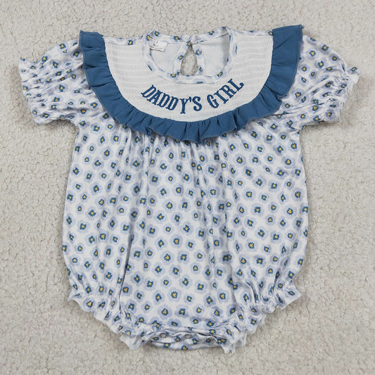 Baby Girls Rompers Smocked Daddy's Girl Blue Flowers Ruffle Rompers SR4141