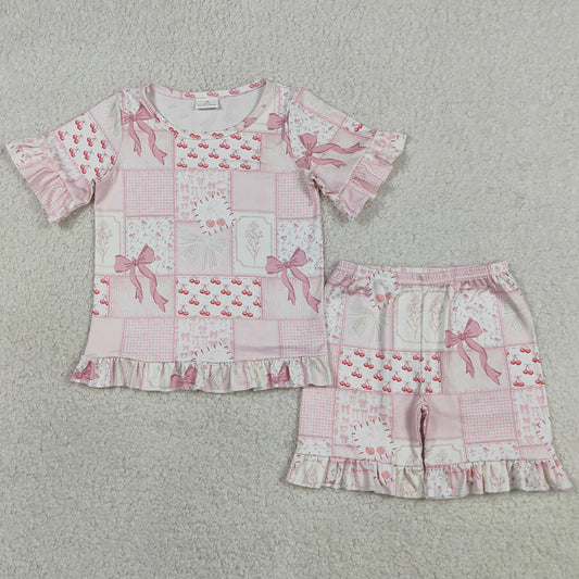 Baby Girls Clothes Bows Flowers Checked Top Ruffle Shorts Pajamas Clothes Sets GSSO3321