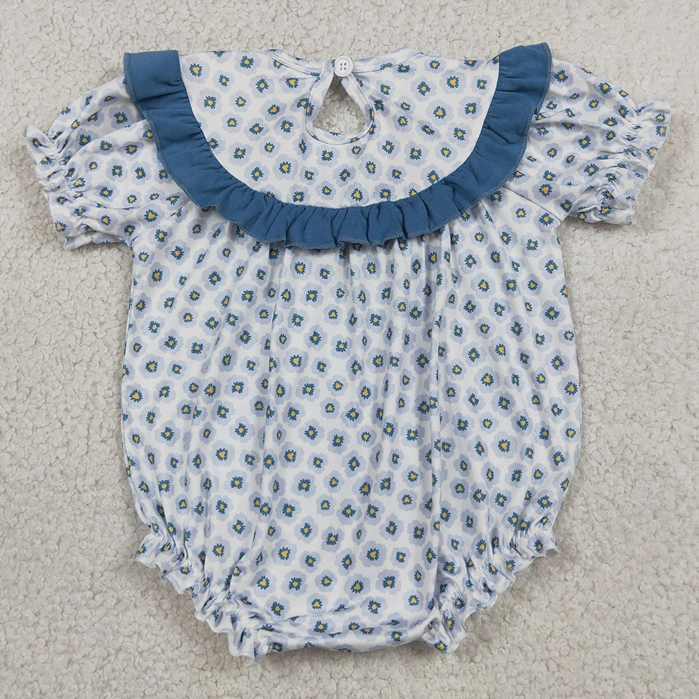 Baby Girls Rompers Smocked Daddy's Girl Blue Flowers Ruffle Rompers SR4141