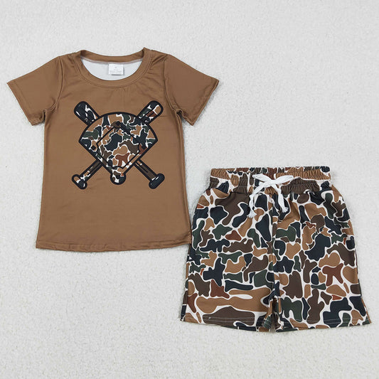 Baby Boys Clothes Dark Brown Camo Baseballs Top Pockets Shorts Team Clothes Sets BSSO1588 11.21
