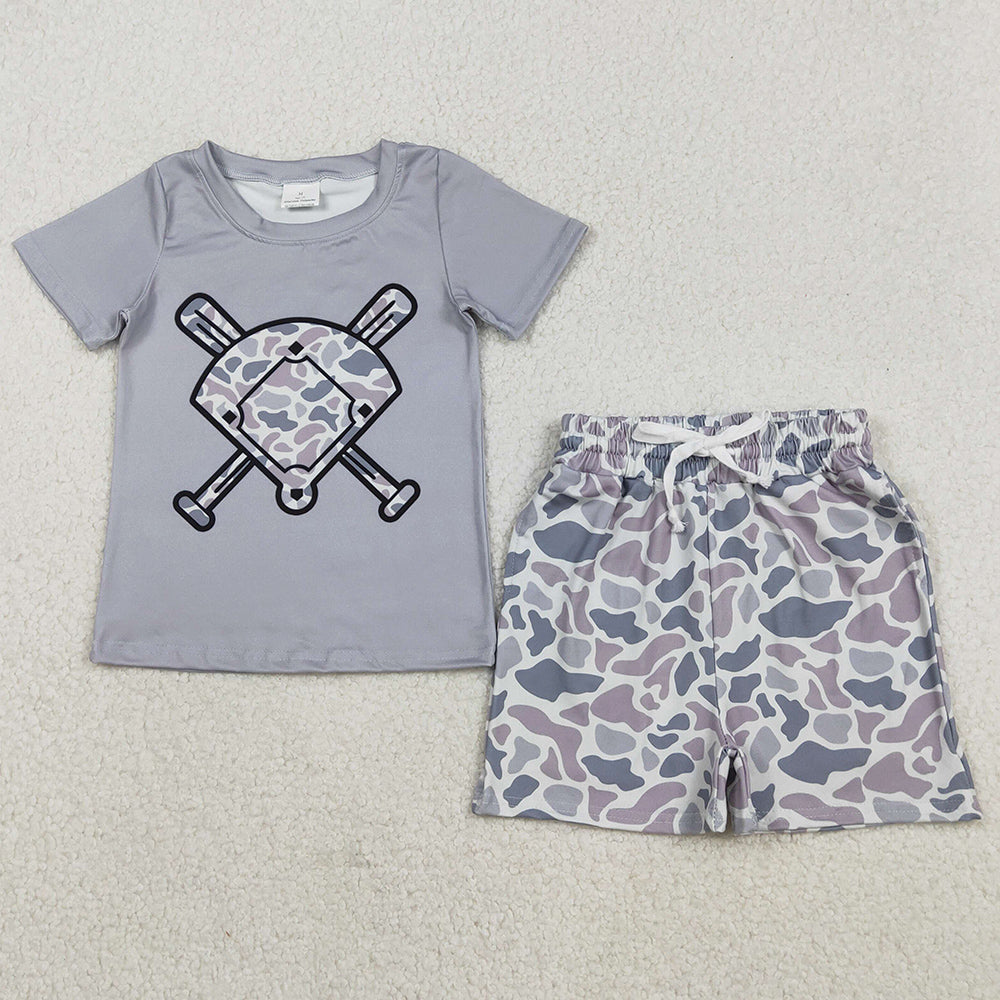 Baby Boys Clothes Light Grey Camo Baseballs Top Pockets Shorts Clothes Sets BSSO1589 12.9