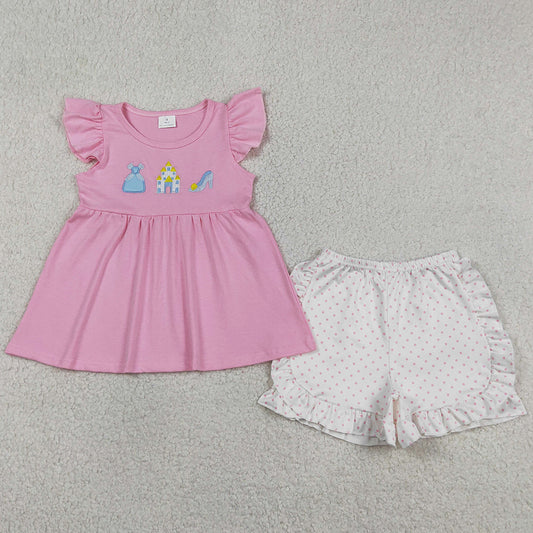 Baby Girls Clothes Embroidery Princess Flutter Sleeve Tunic Ruffle Shorts Clothes Sets GSSO1186