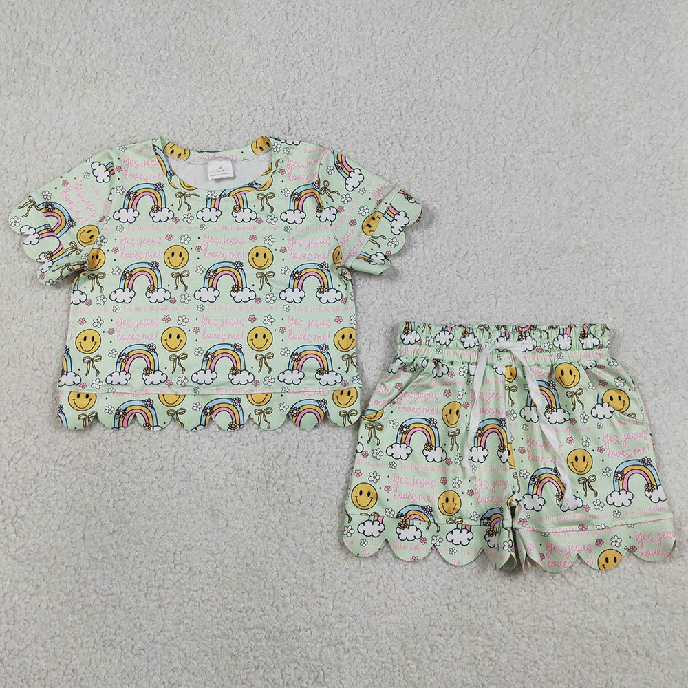 Baby Girls Clothes Rainbow Smiles Flowers Top Pockets Shorts Scallop Clothes Sets GSSO3283