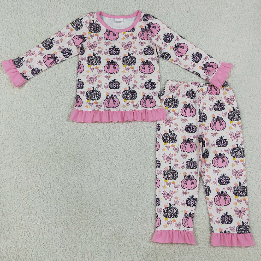 Baby Girls Pajamas Bows Leopard Pumpkins Top Ruffle Pant Fall Pajamas Sets GLP3350