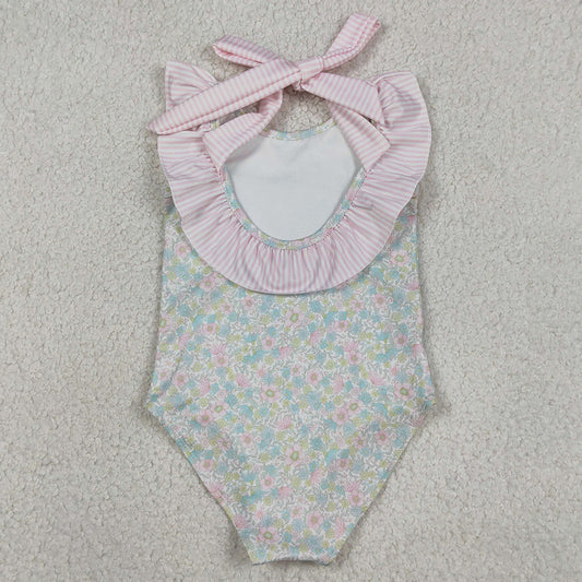 Baby Girls Swimsuits Stripe Bow Flutter Sleeve Colorful Flowers Swimming Swimsuits S0732