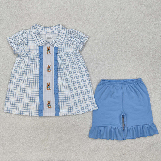 Baby Girls Clothes Easter Blue Checkered Rabbits Top Ruffle Shorts Sets GSSO1583
