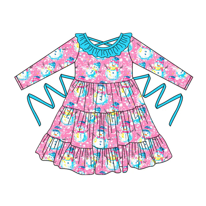 Preorder moq 5 Baby Girls Pink Long Sleeves Snowmen With Belt Ruffle Knee Length Dresses 5.2