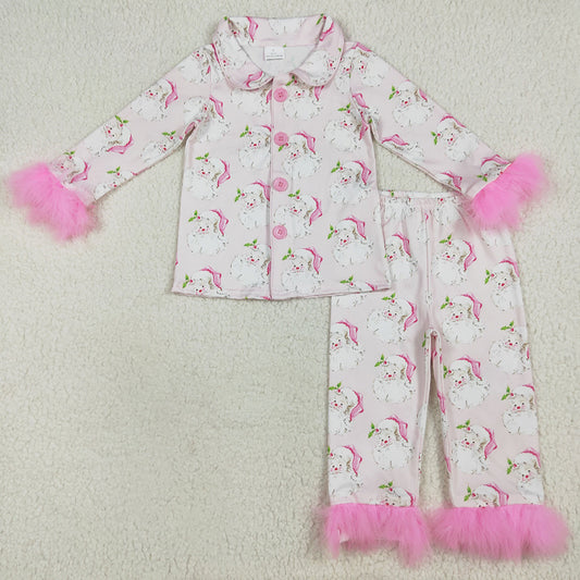 Baby Girls Pajamas Pink Christmas With Fur Santa Button Top Pants Pajamas Sets GLP2376 7.9