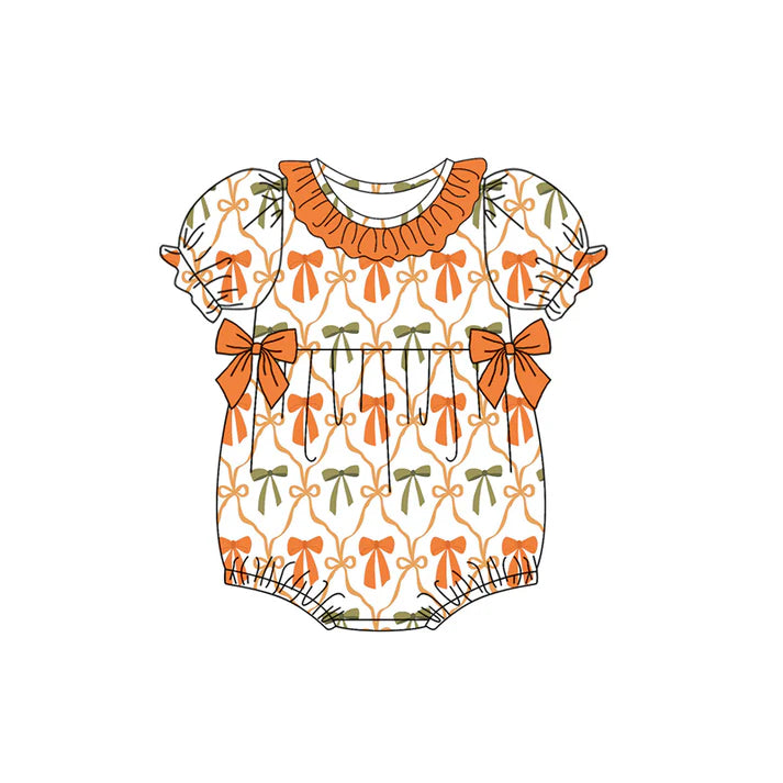 Preorder (moq 5)Baby Girls Orange Short Sleeves Colorful Bows Plaid Ruffle Rompers 4.24