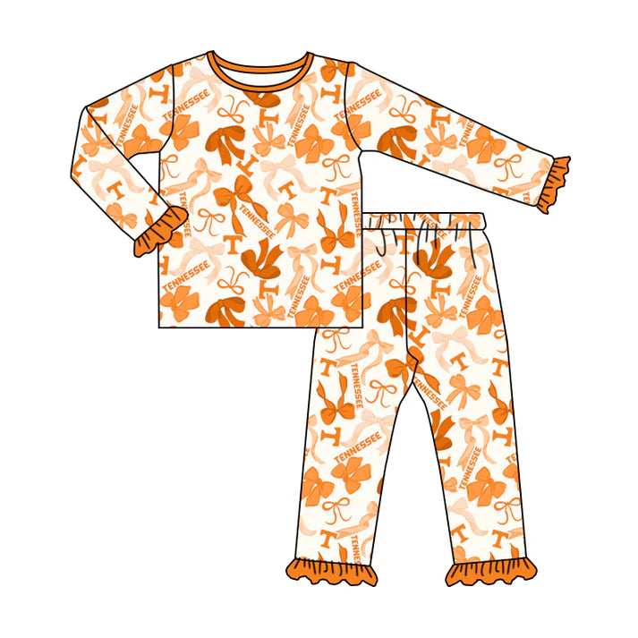 Preorder MOQ 5 Long sleeves yellow T bow kids girls team pajamas 8.27