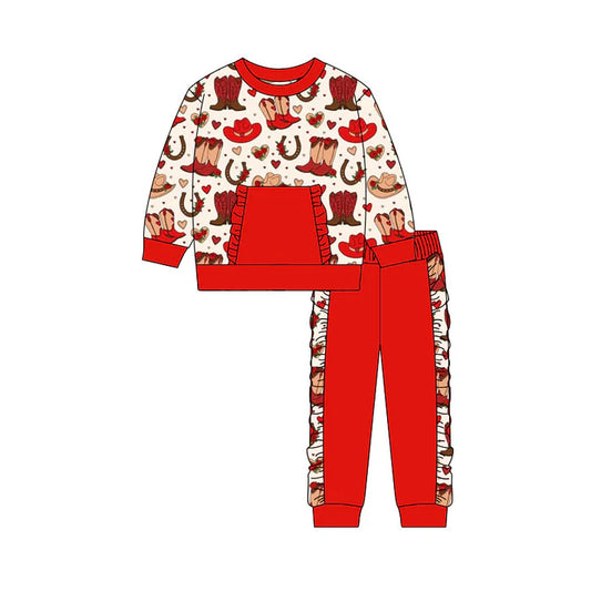 Preorder(moq 5) Baby Girls Hearts Boots Pocket Top Ruffle Pants Western Clothes Sets 10.31