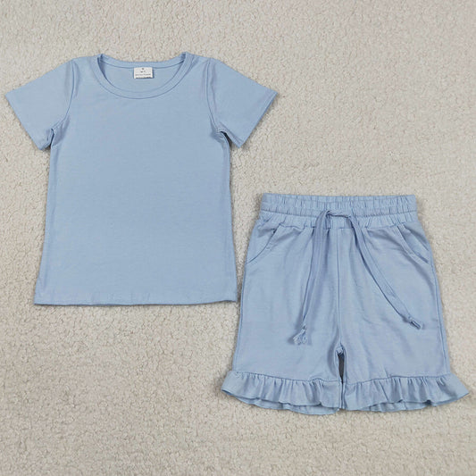 Baby Girls Clothes Short Sleeve Light Blue Shirt Top Pockets Ruffle Short Clothes Sets GSSO3349