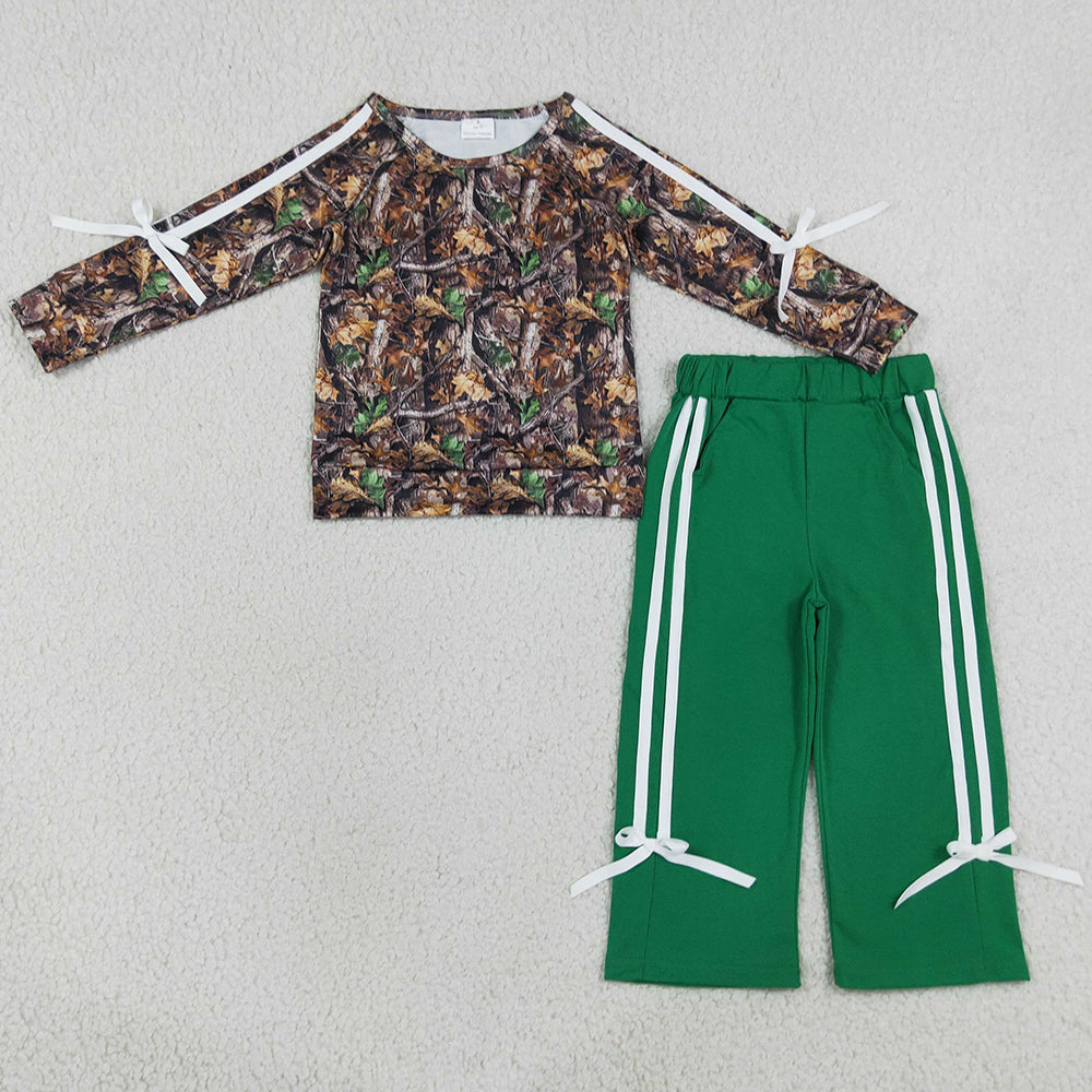 Baby Girls Clothes Long Sleeve Leaves Camo Top Pockets Bows Pant Clothes Sets GLP3358