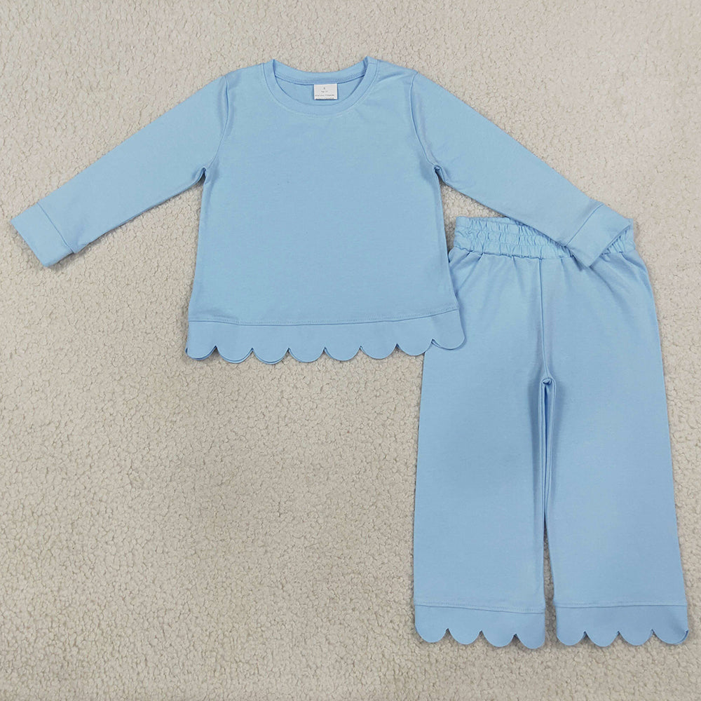 Baby Girls Clothes Light Blue Long Sleeve Top Pants Scallop Pajamas Clothes Sets GLP3292