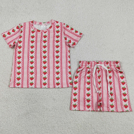 Baby Girls Clothes Bows Strawberry Stripe Top Shorts Pajamas Slouchy Clothes Set GSSO3649