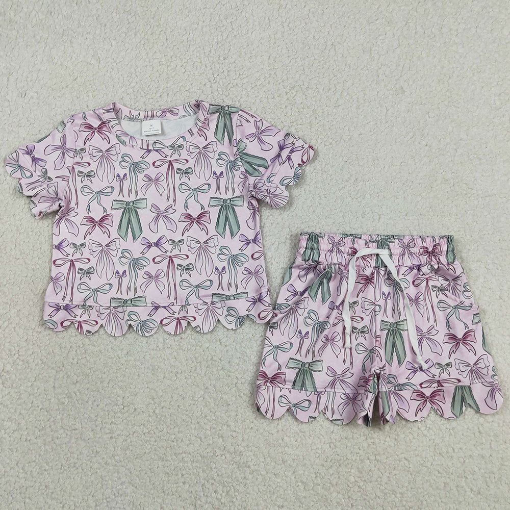 Baby Girls Clothes Short Sleeve Pink Green Bows Top Pockets Shorts Scallop Clothes Set GSSO3409