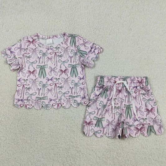 Baby Girls Clothes Short Sleeve Pink Green Bows Top Pockets Shorts Scallop Clothes Set GSSO3409