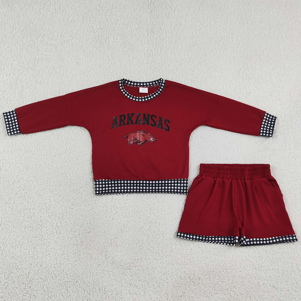 Baby Girls Clothes Vinyl Arkansas Long Sleeve Tops Pockets Shorts Team Clothes Sets GLS0167