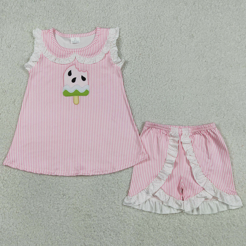 Baby Girls Clothes Embroidery Popsicle Pink Stripe Collar Tunic Ruffle Shorts Clothes Sets GSSO3238