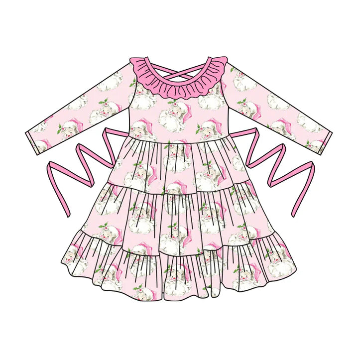 Preorder moq 5 Baby Girls Pink Long Sleeves Santa With Belt Ruffle Knee Length Dresses 5.2