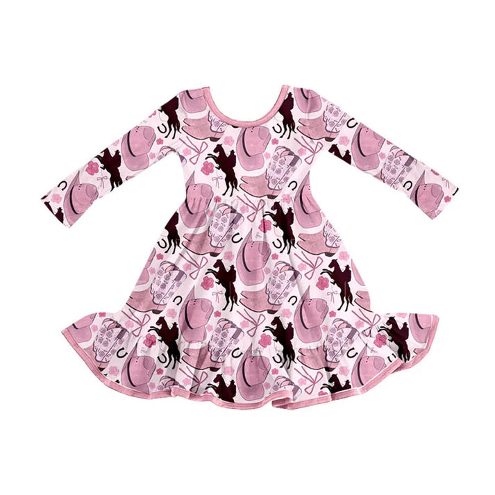 Preorder (moq 8)Baby Girls Hats Horse Rodeos Western Ruffle Knee Length Dresses 9.11