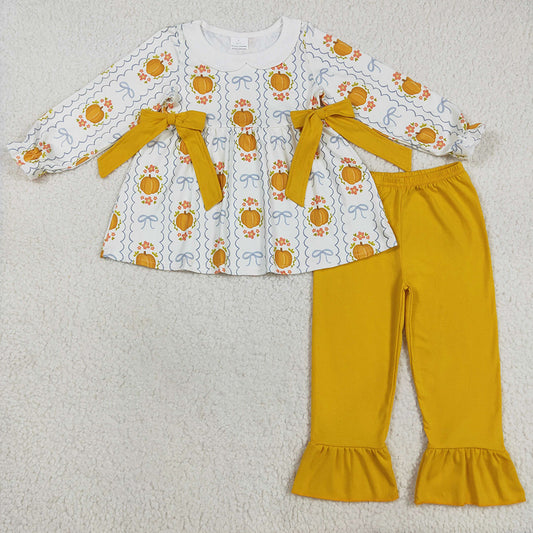Halloween Baby Girls Clothes Yellow Pumpkins Bows Plaid Tunic Tops Ruffle Pants Fall Sets GLP2554 8.5