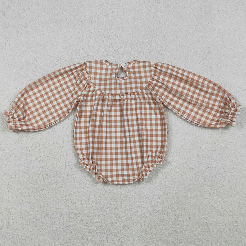 Baby Girls Smocked Turkey Leaves Khaki Checked Thanksgiving Ruffle Rompers LR2205 10.21