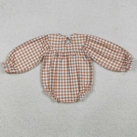 Baby Girls Smocked Turkey Leaves Khaki Checked Thanksgiving Ruffle Rompers LR2205 10.21