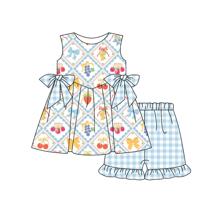 Preorder (moq 5)Baby Girls Blue Sleeveless Bows Strawberry Plaid Tunic Ruffle Shorts Set 4.24