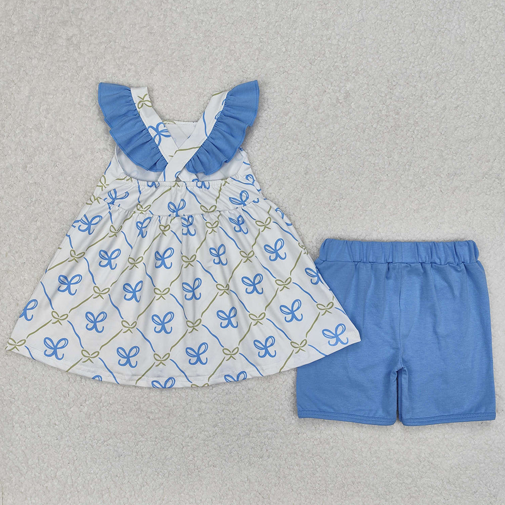 Baby Girls Clothes Blue Bows Tunic Tops Ruffle Shorts Sets GSSO2109