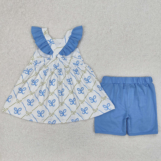 Baby Girls Clothes Blue Bows Tunic Tops Ruffle Shorts Sets GSSO2109