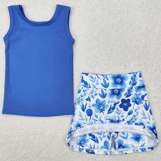 Baby Girls Clothes Blue Vest Flowers Pocket Skirt Skort Active Wear Sets GSD1595