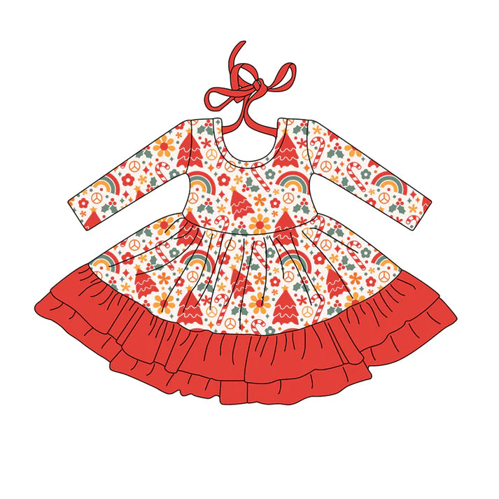 Preorder (moq 5)Baby Girls Long Sleeves Flowers Candy Cane Plaid Ruffle Knee Length Dress 7.26