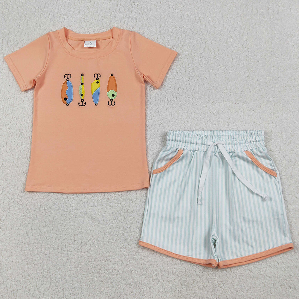 Baby Boys Clothes Embroidery Fishing Shirts Stripe Pockets Shorts Hunting Clothes Sets BSSO1606 12.22