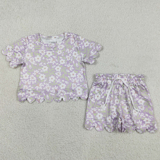 Baby Girls Clothes Short Sleeve Colorful Flowers Top Pockets Shorts Scallop Sets GSSO3265