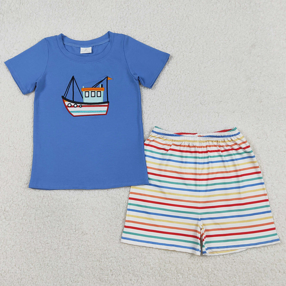 Baby Boys Clothes Embroidery Boats Blue Shirt Top Stripe Shorts Clothes Set BSSO1754 1.2