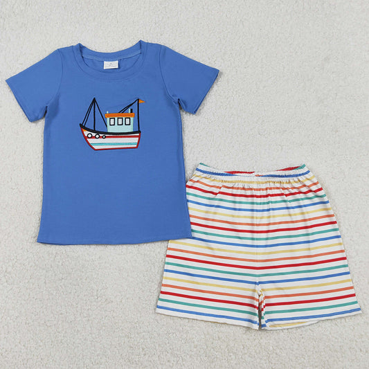 Baby Boys Clothes Embroidery Boats Blue Shirt Top Stripe Shorts Clothes Set BSSO1754 1.2