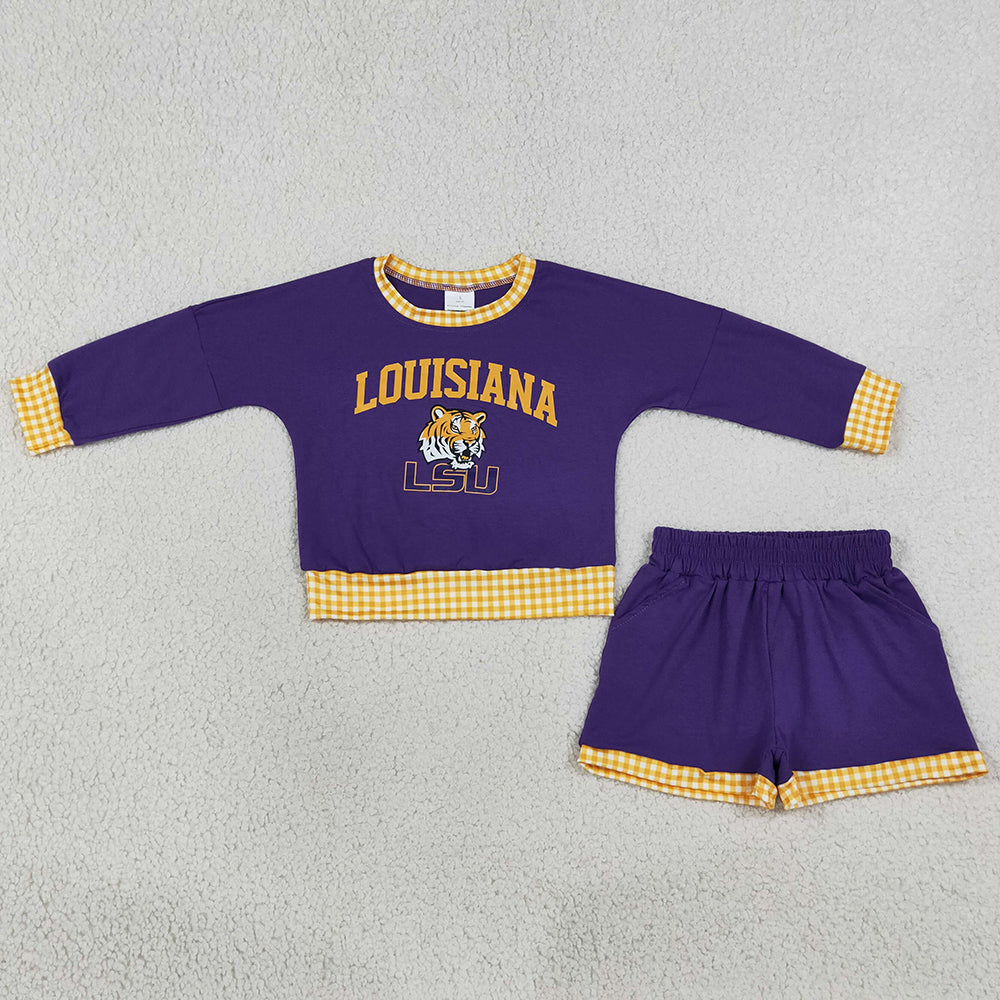 Baby Girls Clothes Vinyl Louisiana Long Sleeve Top Short Team Clothes Set GLS0166