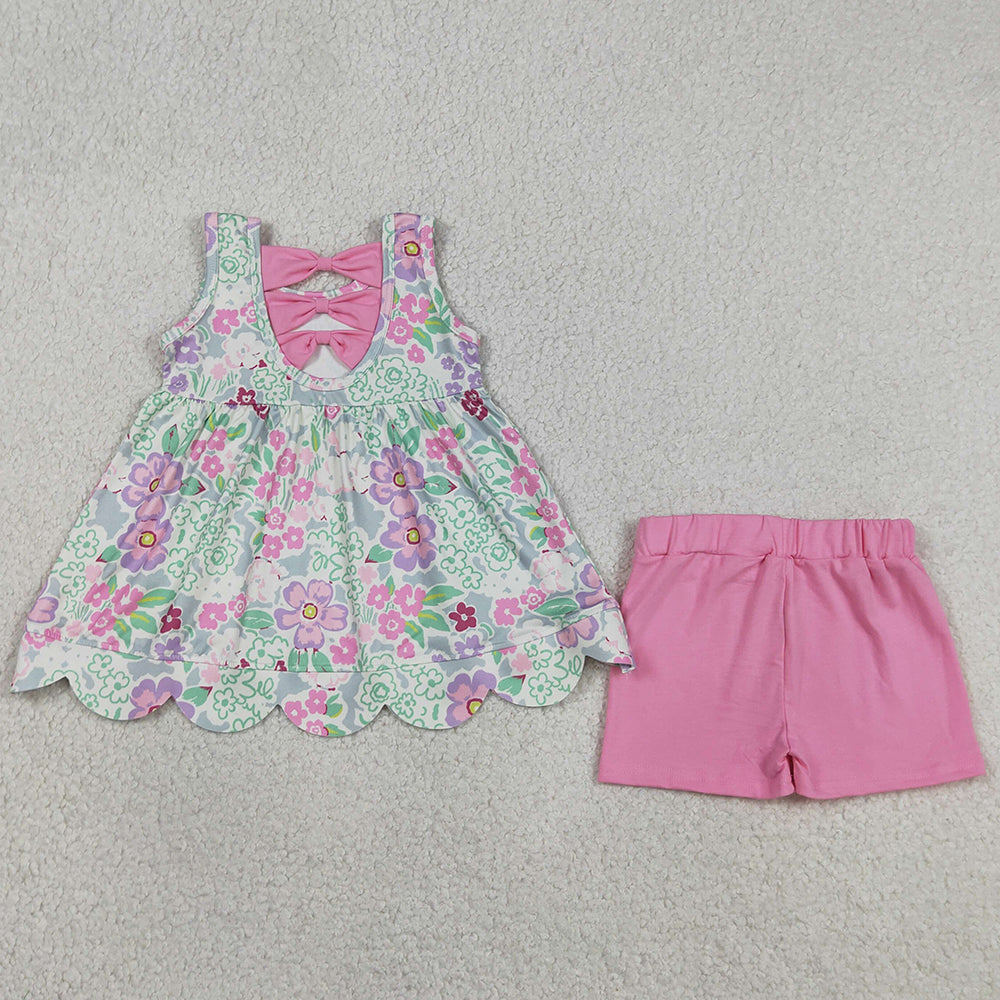 Baby Girls Clothes Sleeveless Colorful Flowers Scallop Tunic Shorts Clothes Set GSSO3385