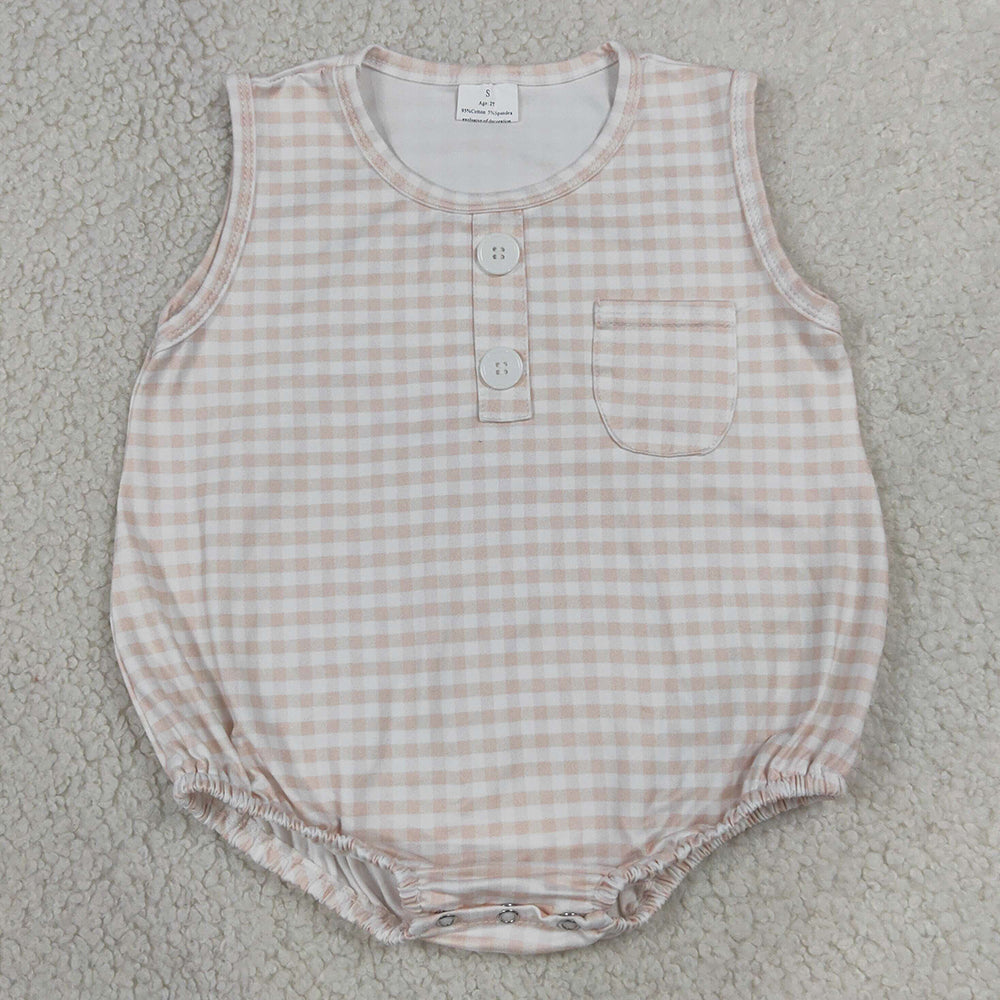 Baby Boys Rompers Sleeveless Khaki Checked Button Pocket Rompers SR4233