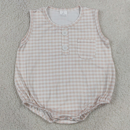 Baby Boys Rompers Sleeveless Khaki Checked Button Pocket Rompers SR4233